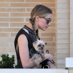 Exclusif - Amber Heard, le dos voûté avec son petit chien dans les bras et accompagnée d'un garde du corps, sort de la boutique "Barneys New York" à Beverly Hills. Los Angeles, le 12 juillet 2016.