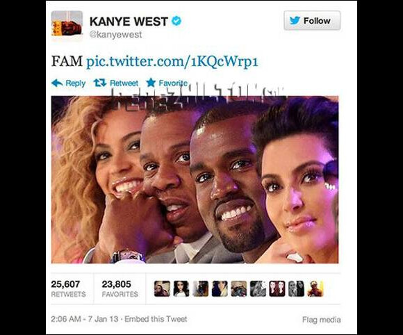 Le tweet de Kanye West, où le rappeur apparaissait au côté de sa femme Kim Kardashian et de Jay Z et Beyoncé, datait de 2013 et avait été supprimé quelques mois plus tard. A l'époque, cela avait relancé les rumeurs de tension entre les deux célèbres couples.