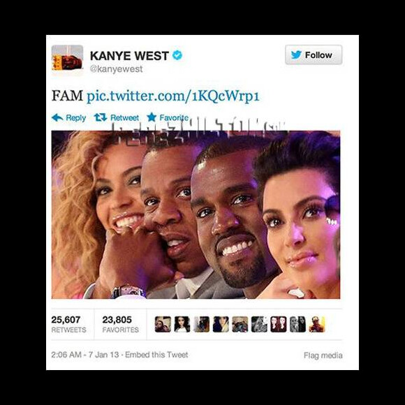 Le tweet de Kanye West, où le rappeur apparaissait au côté de sa femme Kim Kardashian et de Jay Z et Beyoncé, datait de 2013 et avait été supprimé quelques mois plus tard. A l'époque, cela avait relancé les rumeurs de tension entre les deux célèbres couples.