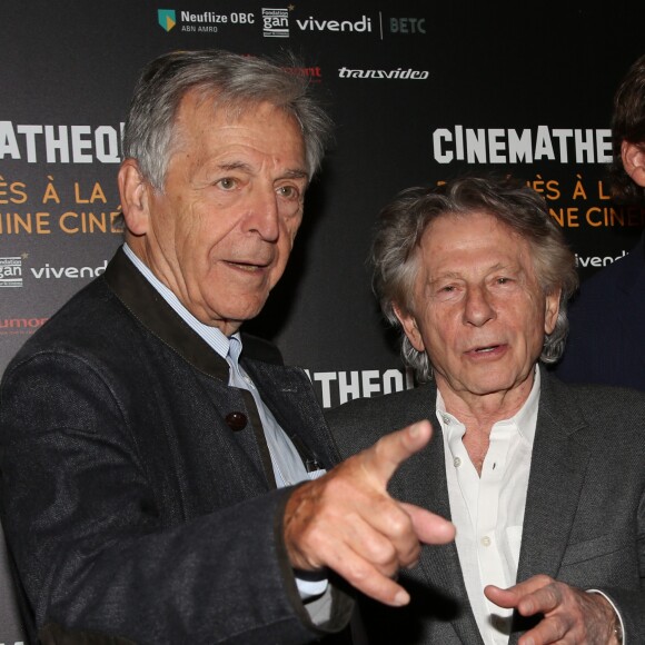 Costa Gavras et Roman Polanski, parrain de l'exposition, lors du vernissage de l'exposition "De Meliès à la 3D, La Machine Cinéma' à la Cinémathèque Française de Paris, France, le 3 octobre 2016. © Denis Guignebourg/Bestimage