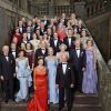 Le roi Carl XVI Gustaf de Suède pose avec famille et invités à l'occasion du banquet en l'honneur de son 70e anniversaire au palais royal à Stockholm, le 30 avril 2016. 1er rang : Le roi Carl Gustav de Suède, la reine Silvia de Suède, 2d rang : le président islandais Olafur Ragnar Grimsson, Dorrit Moussaieff, la reine Margrethe II de Danemark, 3ème rang le président de Finlande Sauli Niinistö, la reine Margarite de Bulgarie, Jenni Haukio, le prince Albert II de Monaco, la princesse Beatrix des Pays-Bas, le roi Philippe de Belgique, le reine Mathilde de Belgique, 4ème rang : le roi Siméon de Bulgarie, le prince Frederik et la princesse Mary de Danemark, la princesse Victoria et le prince Daniel de Suède, le prince Aloïs du Liechtenstein, la princesse Sophie du Liechtenstein, 5ème rang: la princesse Margarita de Roumanie, le prince Carl Philip de Suède, la princesse Madeleine de Suède, son mari Christopher (Chris) O'Neill, 6ème rang: le prince Radu de Roumanie, la princesse Christina de Suède, Tord Magnuson, le prince Alexandre de Serbie,la princesse Katherine de Serbie, la princesse Benedikte de Danemark, la princesse Hisako Takamado du Japon,le prince Andreas de Saxe-Cobourg et Gotha, 7ème rang : Thomas de Toledo Sommerlath, Ralf de Toledo Sommerlath,Tord Magnuson,la princesse Margaretha de Luxembourg, Mr Ambler, la princesse Birgitta du Suède, Anna Ewa Westling, Olle Westling, Eva Maria Walter