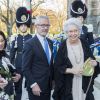 La princesse Christina de Suède arrivant avec son mari Tord Magnuson au concert pour le 70e anniversaire du roi Carl XVI Gustaf de Suède au Musée Nordic à Stockholm le 29 avril 2016