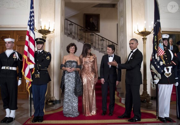 Dernier dîner d'État de Barack Obama, en compagnie de sa femme Michelle, du premier ministre italien Matteo Renzi et son épouse Agnese Landini en visite à Washington. Le 18 octobre 2016.