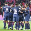 La joie après le but d'Adrien Rabiot lors du match opposant le Paris Saint Germain au Stade Rennais (victoire 4-0 du PSG), à Paris au Parc des Princes le 6 novembre 2016.
