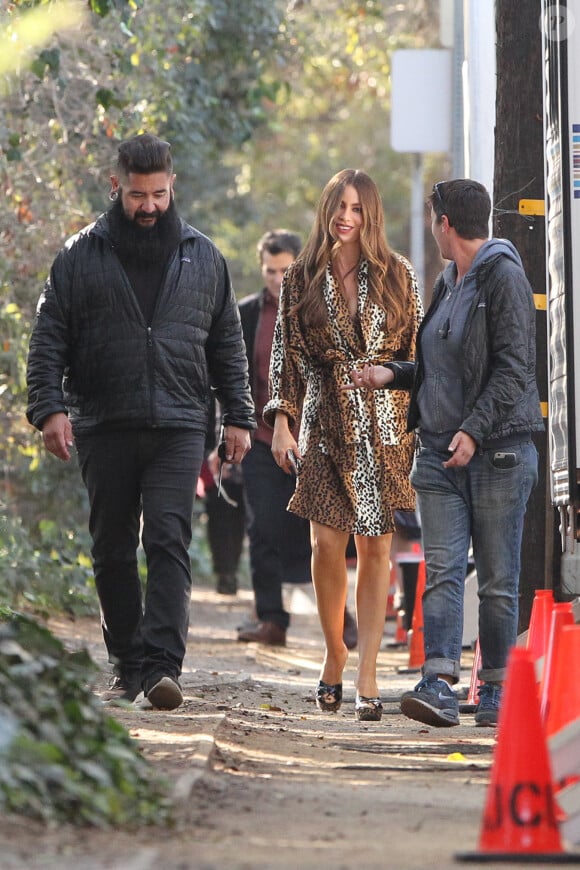 Exclusif - Sofia Vergara porte une tenue en imprimé léopard sur le tournage de ''Modern family'' à Los Angeles, le 1er novembre 2016. © CPA/Bestimage