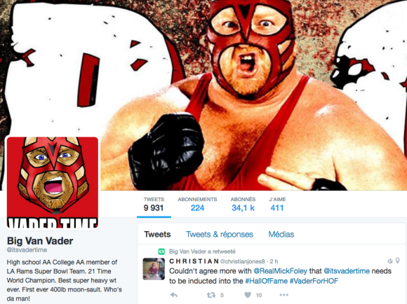 Big Van Vader, capture d'écran du compte Twitter du catcheur incarné par Leon White.