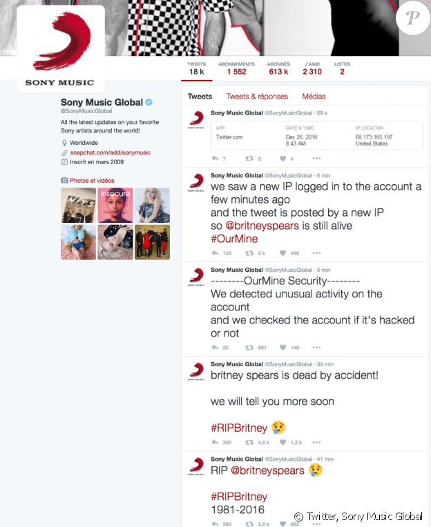 Les tweets de Sony Music Global annonçant la mort de Britney Spears, ce 26 décembre 2016. La maison de disques a, semble-t-il, été piratée. Le représentant de la chanteuse a démenti la nouvelle auprès de CNN.