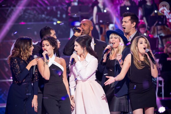 Exclusif - Les chanteurs de la Star Academy Saison 4 (Karima Charni, Hoda Sanz, Mathieu Johann, Tina Tictone, Lucie Bernardoni, Sofiane Tadjine-Lambert, Francesca Antoniotti, Enrique Toyos) - Emission hommage à "Grégory Lemarchal, 10 ans après l'histoire continue" au Zénith de Paris et retransmis en direct sur TF1 le 7 janvier 2017. © Cyril Moreau/Bestimage
