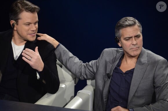 Matt Damon, George Clooney - Les acteurs du film "The Monuments Men" sur le plateau de l'émission "Che Tempo Che Fa" à Milan, le 9 février 2014.