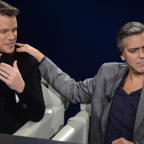 Matt Damon, George Clooney - Les acteurs du film "The Monuments Men" sur le plateau de l'émission "Che Tempo Che Fa" à Milan, le 9 février 2014.