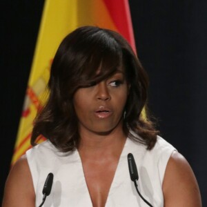 La première dame des Etats-Unis Michelle Obama lors d'une conférence de presse de l'organisation "Let Girls Learn" à Madrid. Le 30 juin 2016.