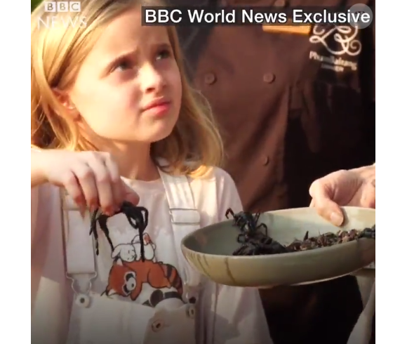 Vivienne Jolie-Pitt (8 ans) cuisinant des insectes avec sa mère Angelina Jolie au Cambodge devant les caméras de la BBC (images diffusées le 20 février 2017).