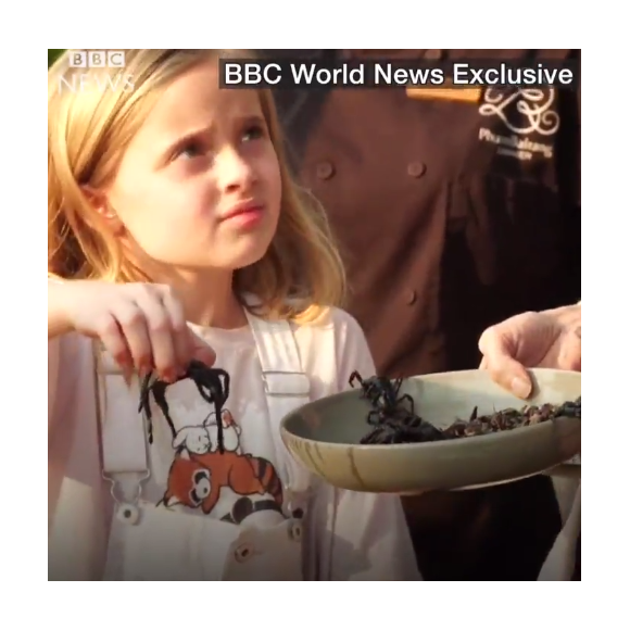 Vivienne Jolie-Pitt (8 ans) cuisinant des insectes avec sa mère Angelina Jolie au Cambodge devant les caméras de la BBC (images diffusées le 20 février 2017).