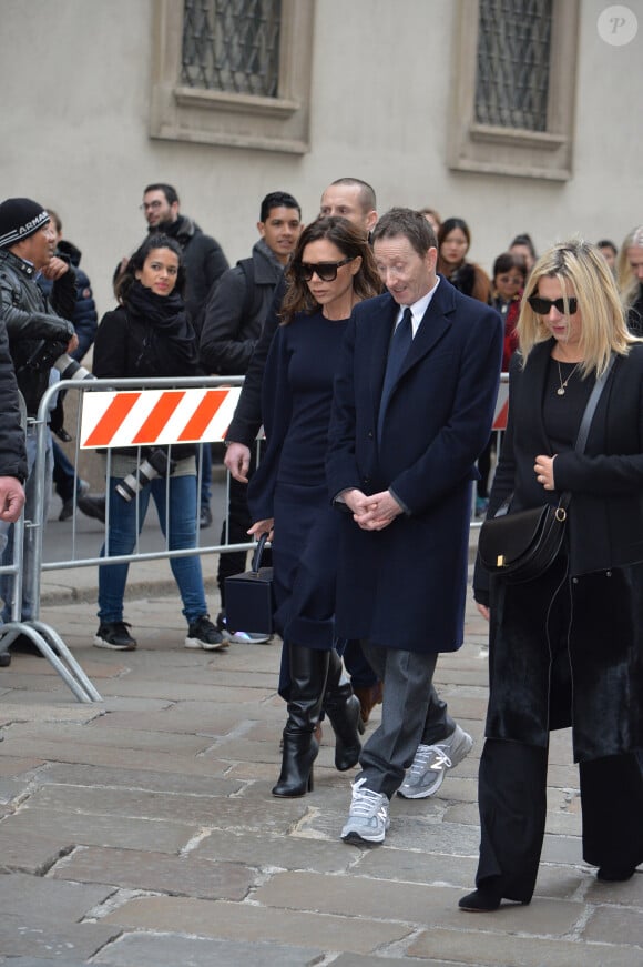 Victoria Beckham - Arrivée des personnalités à la cérémonie religieuse en l'honneur de Franca Sozzani (rédactrice en chef de Vogue Italie décédée le 22 décembre 2016) à Milan, le 27 février 2017