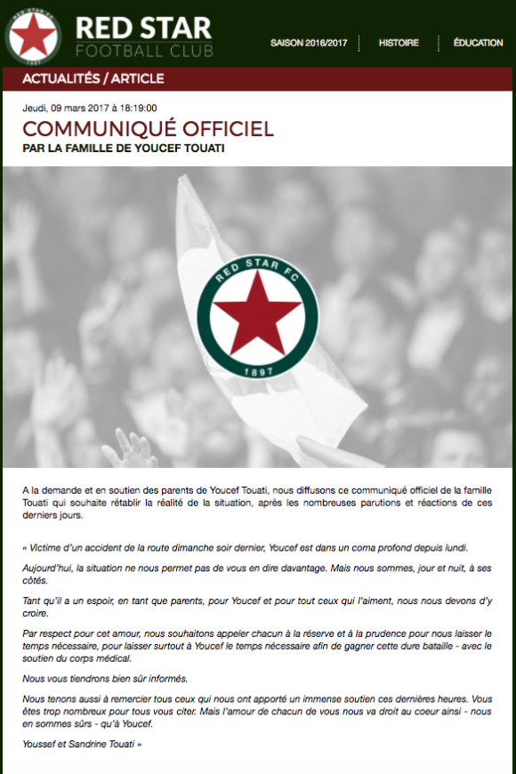 Communiqué des parents de Youcef Touati, publié le 9 mars 2017 sur le site de son club, le Red Star FC, suite à l'accident mortel survenu quelques jours plus tôt sur l'A1.