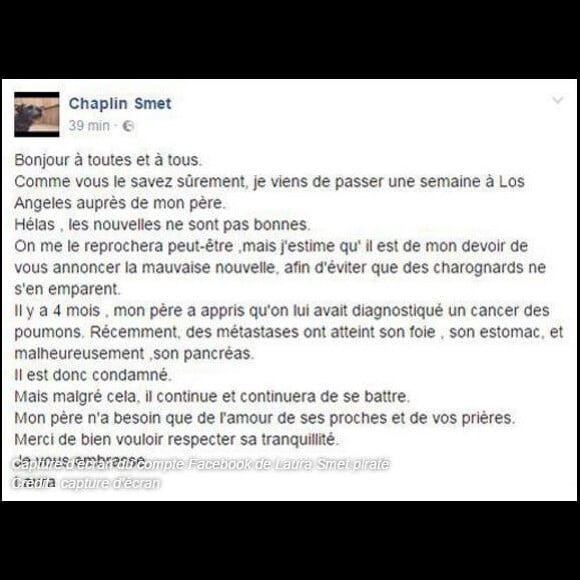 Faux message publié sur la page Facebook de Laura Smet le 6 mars 2017. Capture d'écran publié par RTL.