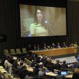Amal Alamuddin Clonney, enceinte, demande au gouvernement Irakien et aux pays de l'ONU de sévir contre Daesh lors d'un discours à l'ONU à New York le 9 mars 2017.