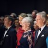Le roi Philippe de Belgique et la reine Mathilde de Belgique, le prince Frederik et la princesse Mary de Danemark, la reine Margrethe II de Danemark, le prince Joachim de Danemark lors d'un concert au Diamant noir à Copenhague au Danemark le 30 mars 2017 dans le cadre de la visite officielle du couple royal belge.