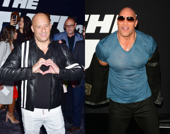 Vin Diesel et Dwayne Johnson à New York le 9 avrril 2017, lors de l'unique première de Fast & Furious 8 que les deux acteurs ont fait ensemble.