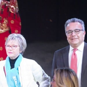 Exclusif - Fabrice Bonnot (chef et créateur de ''soupe en scene''), Frederic edelstein, Loana Petrucciani (marraine 2017 de "Soupe En Scène"), Laurent Argelier lors de la remise d'un chèque de 29.500 euros pour le Foyer Notre Dame Des Sans Abri durant la soirée "Soupe En Scène" au Cirque Pinder à Lyon, France, le 12 avril 2017. Soirée spéciale "Soupe En Scène" imaginé par le Chef F. Bonnot au profit de l'association lyonnaise le foyer notre-dame des sans-abri. © Agence/Bestimage