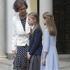 La reine Sofia et ses petites-filles l'infante Sofia et la princesse Leonor lors de la communion de Sofia le 17 mai 2017 à Madrid.