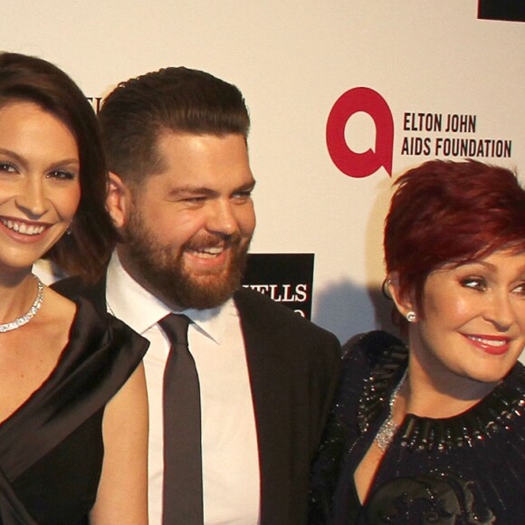 Ozzy Osbourne et sa femme Sharon Osbourne, leur fils Jack Osbourne et sa femme Lisa Stelly enceinte à la Soirée "Elton John AIDS Foundation Oscar Party" 2015 à West Hollywood, le 22 février 2015.