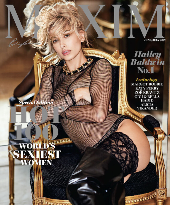 Hailey Baldwin en couverture du numéro de juin/juillet 2017 de Maxim. Photo par Gilles Bensimon.