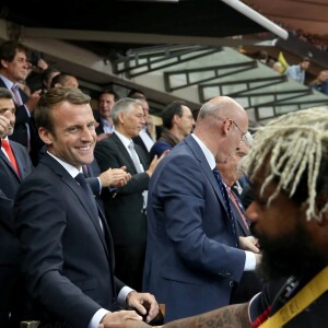 La première dame Brigitte Macron (Trogneux), son mari le président de la République Emmanuel Macron, la ministre des Sports Laura Flessel et le président de la Fédération française de Rugby à XV (FFR) Bernard Laporte - Finale du Top 14, ASM Clermont contre le RC Toulon au Stade de France à Saint-Denis, , France, le 4 juin 2017. ASM Clermont remporte le match contre RC Toulon 22-16. © Agence/Bestimage