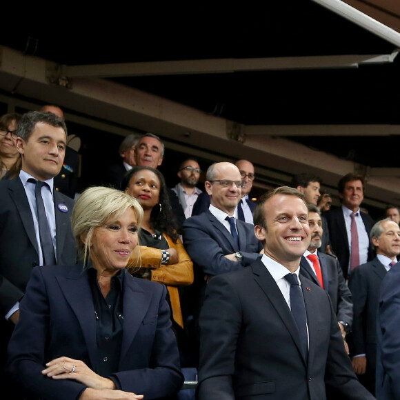 La première dame Brigitte Macron (Trogneux), son mari le président de la République Emmanuel Macron et la ministre des Sports Laura Flessel - Finale du Top 14, ASM Clermont contre le RC Toulon au Stade de France à Saint-Denis, , France, le 4 juin 2017. ASM Clermont remporte le match contre RC Toulon 22-16. © Agence/Bestimage