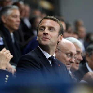 La première dame Brigitte Macron (Trogneux), son mari le président de la République Emmanuel Macron et le président de la Fédération française de Rugby à XV (FFR) Bernard Laporte - Finale du Top 14, ASM Clermont contre le RC Toulon au Stade de France à Saint-Denis, Seine Saint-Denis (banlieus de Paris), France, le 4 juin 2017. ASM Clermont remporte le match contre RC Toulon 22-16. © Dominique Jacovides/Bestimage