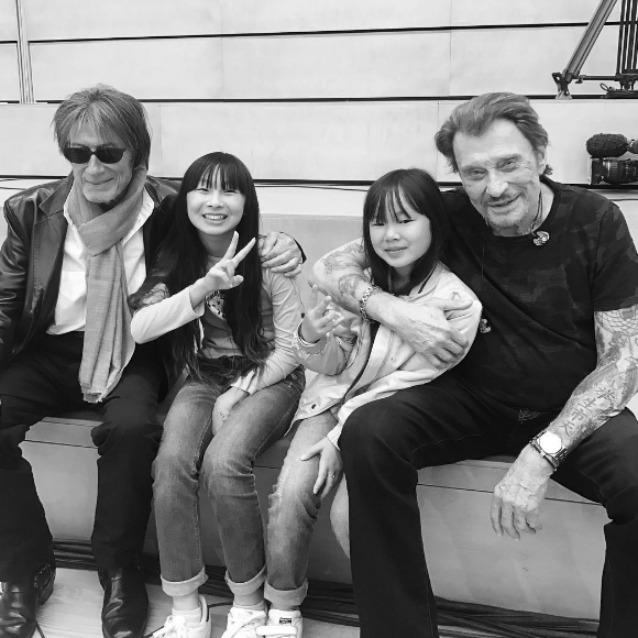 Jacques Dutronc, Jade, Joy et Johnny Hallyday lors des répétitions des Vieilles Canailles à Boulogne-Billancourt le 9 juin 2017