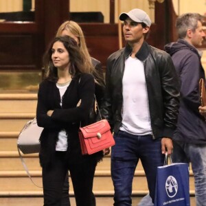 Exclusif - Rafael Nadal va dîner au restaurant de l'hôtel Intercontinental pour son anniversaire (31 ans) avec ses parents Sebastian Nadal et Ana Maria Perera, sa soeur Maria Isabel Nadal et sa compagne Xisca. Paris, le 3 juin 2017.