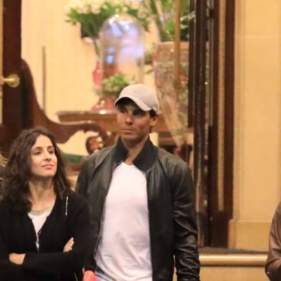 Exclusif - Rafael Nadal va dîner au restaurant de l'hôtel Intercontinental pour son anniversaire (31 ans) avec ses parents Sebastian Nadal et Ana Maria Perera, sa soeur Maria Isabel Nadal et sa compagne Xisca. Paris, le 3 juin 2017.