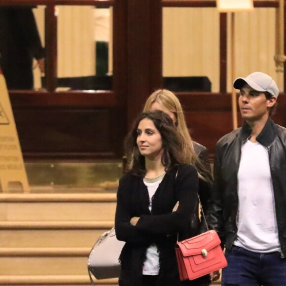 Exclusif - Rafael Nadal va dîner au restaurant de l'hôtel Intercontinental pour son anniversaire (31 ans) avec ses parents Sebastian Nadal et Ana Maria Perera, sa soeur Maria Isabel Nadal et sa compagne Xisca. Paris, le 3 juin 2017.