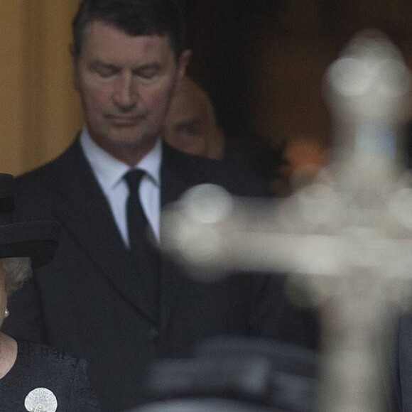La reine Elizabeth II et le prince Philip aux obsèques de Patricia Katchbull, 2e comtesse Mountbatten de Burma, le 27 juin 2017 en l'église Saint-Paul de Knightsbridge, à Londres.