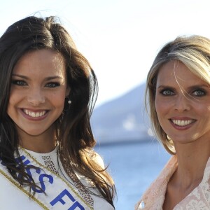 Exclusif - Marine Lorphelin (Miss France 2013) et Sylvie Tellier sur la plage Magnum de Cannes, le 25 mai 2013.