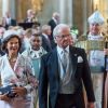 La reine Silvia et le roi Carl XVI Gustaf de Suède en la chapelle royale du palais Drottningholm, le 4 septembre 2017 à Stockholm, pour assister à une messe d'action de grâce en l'honneur de la naissance du prince Gabriel, second fils du prince Carl Philip et de la princesse Sofia.