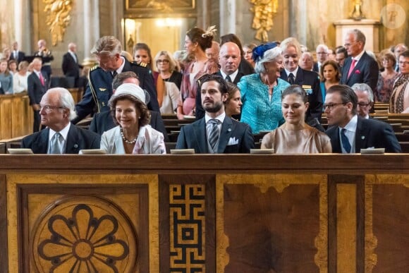 Le roi Carl XVI Gustaf, la reine Silvia, le prince Carl Philip, la princesse Victoria et le prince Daniel de Suède en la chapelle royale du palais Drottningholm, le 4 septembre 2017 à Stockholm, pour assister à une messe d'action de grâce en l'honneur de la naissance du prince Gabriel, second fils du prince Carl Philip et de la princesse Sofia.