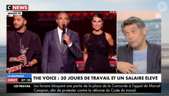 Thierry Moreau dévoile le salaire des coachs de "The Voice 7" sur CNEWS, le 12 septembre 2017.