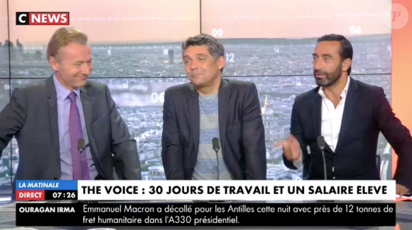 Thierry Moreau dévoile le salaire des coachs de "The Voice 7" sur CNEWS, le 12 septembre 2017.