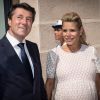 Le maire de Nice, Christian Estrosi, sa femme Laura Tenoudji (enceinte) - Le président de la République est reçu par l'hôtel de ville de Nice pour un entretien avant la cérémonie d'hommage aux victimes de l'attentat du 14 juillet 2016 à Nice, le 14 juillet 2017. © Cyril Moreau/Bestimage