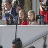 Mariano Rajoy, la reine Letizia, Leonor et Sofia - La famille royale espagnole assiste au défilé militaire de la fête nationale à Madrid le 12 octobre 2017.