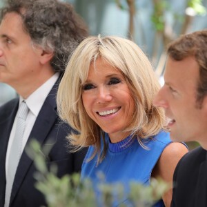 Christos Carras, Brigitte Macron et son mari Emmanuel Macron - Allocution du président de la République française lors d'une réception offerte par la France en l'honneur de la communauté française, suivie d un déjeuner avec des personnalités culturelles, à l'Ecole Française d'Athènes. Le 8 septembre 2017 © Dominique Jacovides / Bestimage