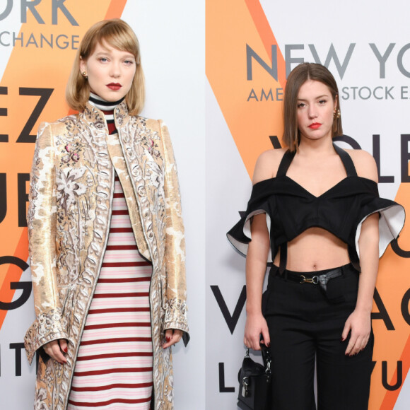 Léa Seydoux, Adele Exarchopoulos et Marina Foïs assistent au vernissage de l'exposition "Volez, Voguez, Voyagez" de Louis Vuitton à l'American Stock Exchange. New York, le 26 octobre 2017.