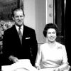 La reine Elizabeth II et le duc d'Edimbourg au palais de Buckingham le 20 novembre 1987 lors de leurs noces d'argent (40 ans de mariage).