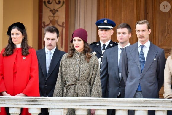 Tatiana Santo Domingo, Louis Ducruet, Charlotte Casiraghi, Gareth Wittstock, Pierre Casiraghi - La famille princière de Monaco dans la cour du Palais Princier lors de la fête nationale monégasque, à Monaco, le 19 novembre 2017. © Michael Alési/Bestimage