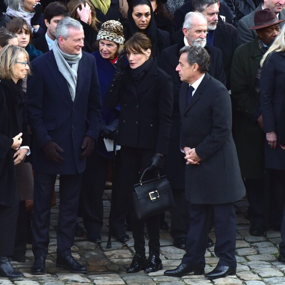 Muriel Pénicaud, ministre du travail, Françoise Nyssen, ministre de la culture, Bruno Le Maire, ministre de l'économie et des finances, Carla Bruni-Sarkosy, Nicolas Sarkozy lors de la cérémonie d'hommage national à Jean d'Ormesson à l'hôtel des Invalides à Paris le 8 décembre 2017. © Giancarlo Gorassini / Bestimage