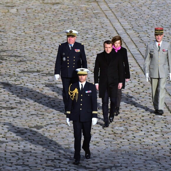 Bernard Rogel, chef d'état major particulier du Président de la République, Le président Emmanuel Macron, Florence Parly (ministre de la Défense) lors de la cérémonie d'hommage national à Jean d'Ormesson à l'hôtel des Invalides à Paris le 8 décembre 2017. © Giancarlo Gorassini / Bestimage