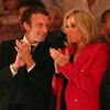 Exclusif - Marc Ladreit de Lacharrière, le président de la République Emmanuel Macron, son épouse Brigitte Macron et Jean-Claude Camus - Représentation de la pièce de théâtre "Le Tartuffe" au théâtre de la porte Saint-Martin à Paris, le 14 octobre 2017. © Sébastien Valiela/Bestimage