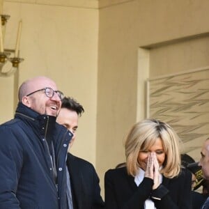 Charles Michel, Brigitte Macron (Trogneux), Xavier Bettel - Le président Emmanuel Macron quitte le palais de l'Elysée avec les chefs d'état du One Planet Summit pour rejoindre un bateau au Pont Alexandre III à Paris le 12 décembre 2017. © Pierre Perusseau / Bestimage